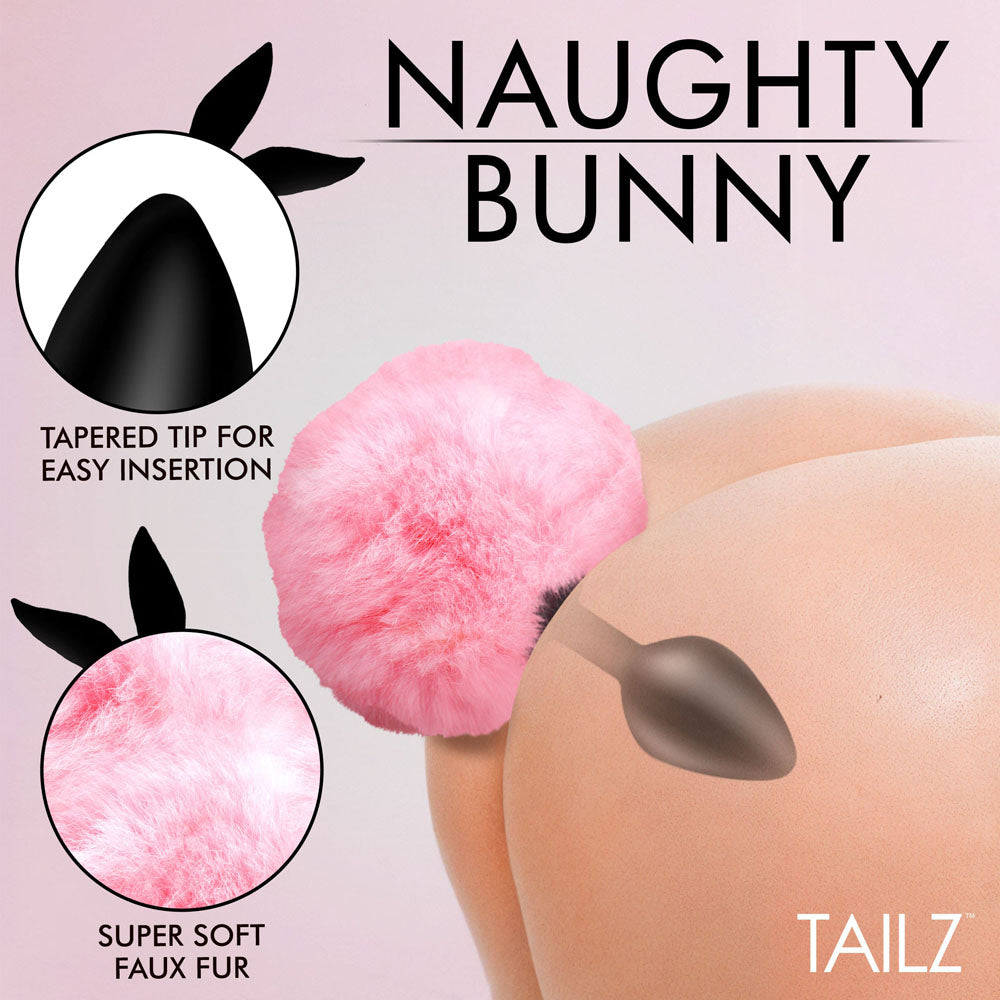 Tailz Fluffy Bunny Tail Silicone Plug - Pink - Black Butt Plug with Pink Bunny Tail