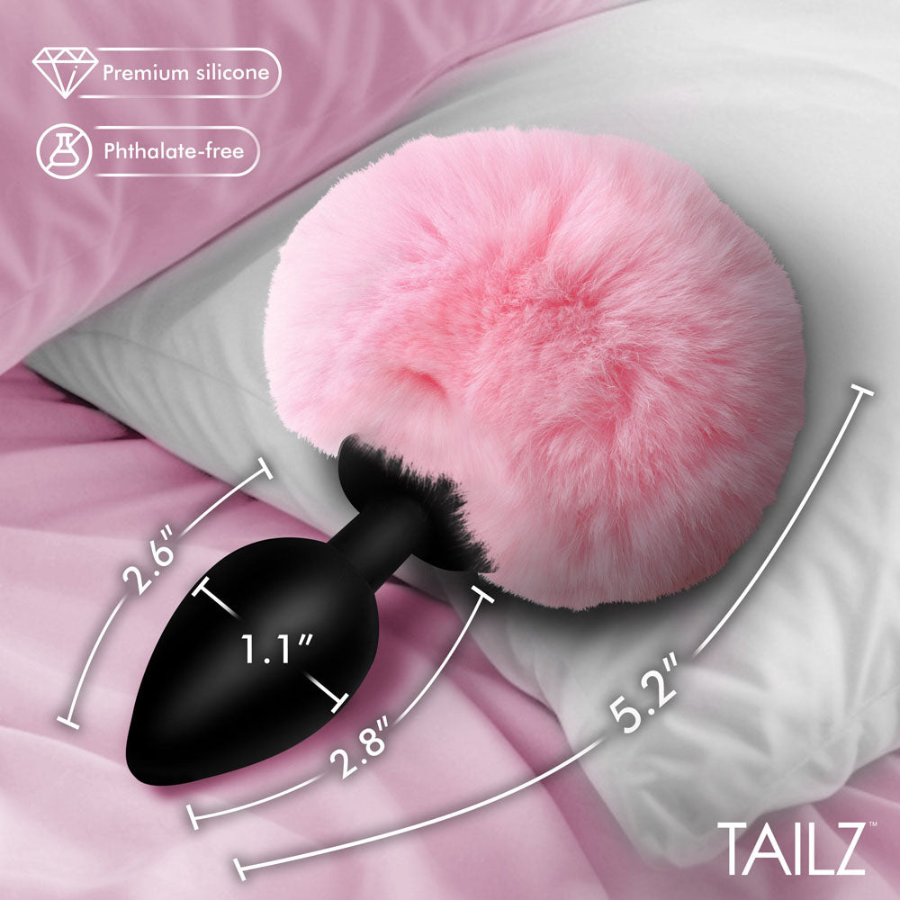 Tailz Fluffy Bunny Tail Silicone Plug - Pink - Black Butt Plug with Pink Bunny Tail