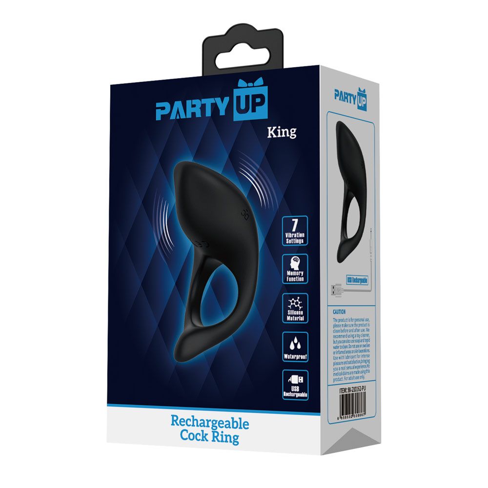 Party Up KING Rechargeable Cock Ring - Black USB Rechargeable Cock Ring