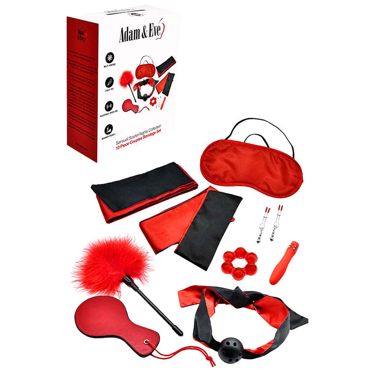 Adam & Eve SENSUAL SCARLET NIGHTS - Black/Red Couples Bondage Kit - Set of 10 Pieces