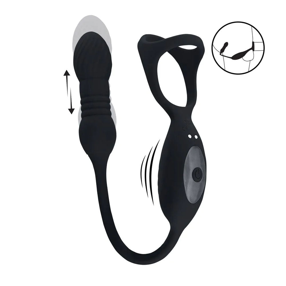 LEVELZ Vibrating & Thrusting TriO Cock Ring with Prostate Stimulator - Black USB Rechargeable Vibrating Cock Ring with Thrusting Prostate Plug