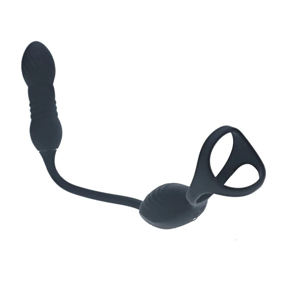 LEVELZ Vibrating & Thrusting TriO Cock Ring with Prostate Stimulator - Black USB Rechargeable Vibrating Cock Ring with Thrusting Prostate Plug