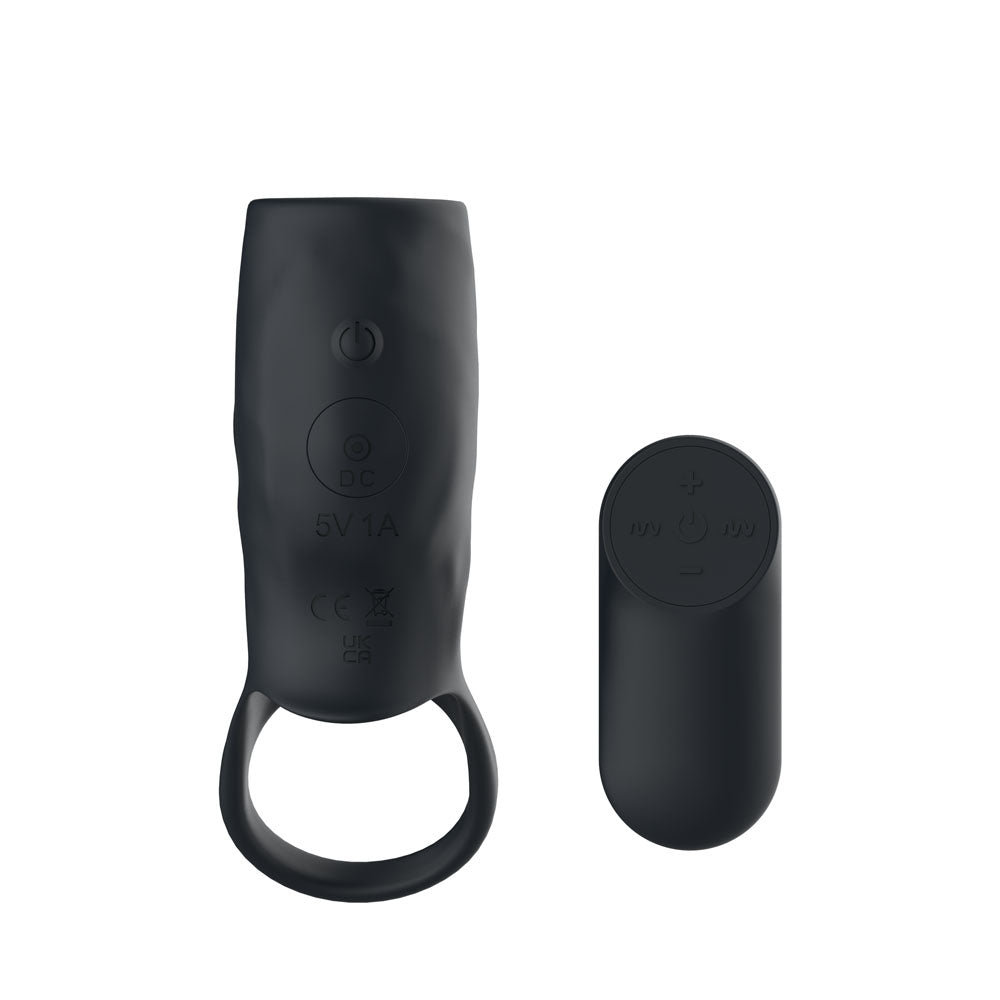 Passion Play Vibrating Cockring Sleeve - Black USB Rechargeable Vibrating Penis Sleeve with Wireless Remote