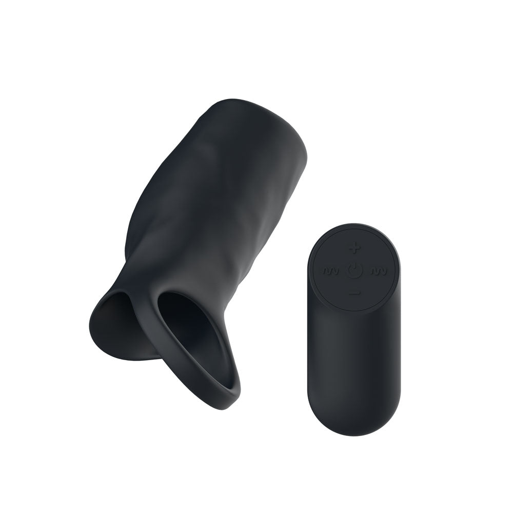 Passion Play Vibrating Cockring Sleeve - Black USB Rechargeable Vibrating Penis Sleeve with Wireless Remote