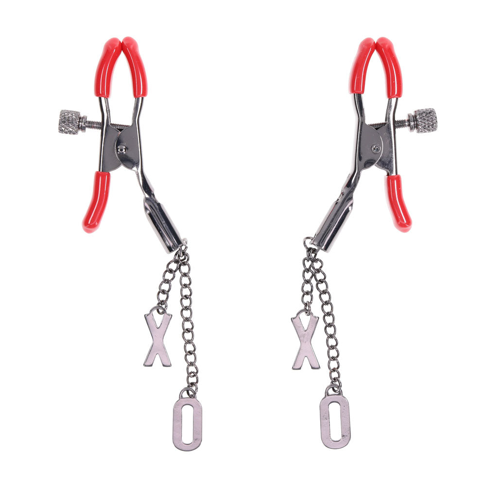 S&M Exs & Ohs Nipple Clamps - Red Tipped Metal Nipple Clamps - Set of 2