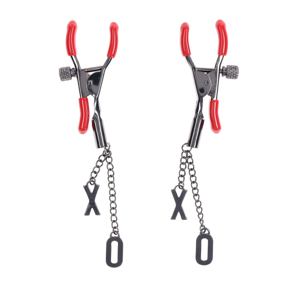S&M Exs & Ohs Nipple Clamps - Red Tipped Metal Nipple Clamps - Set of 2