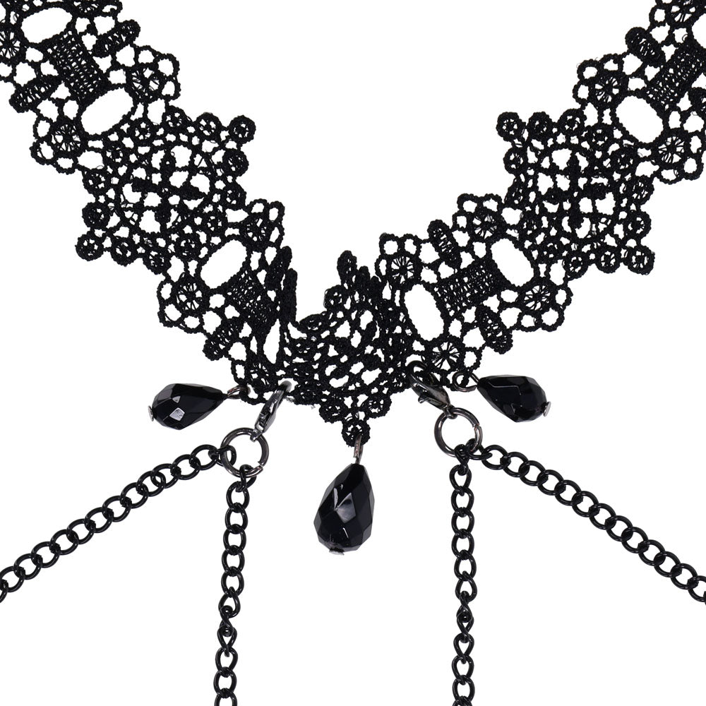 Sex & Mischief Lace Collar with Nipple Ties - Black Neck and Nipple Restraints